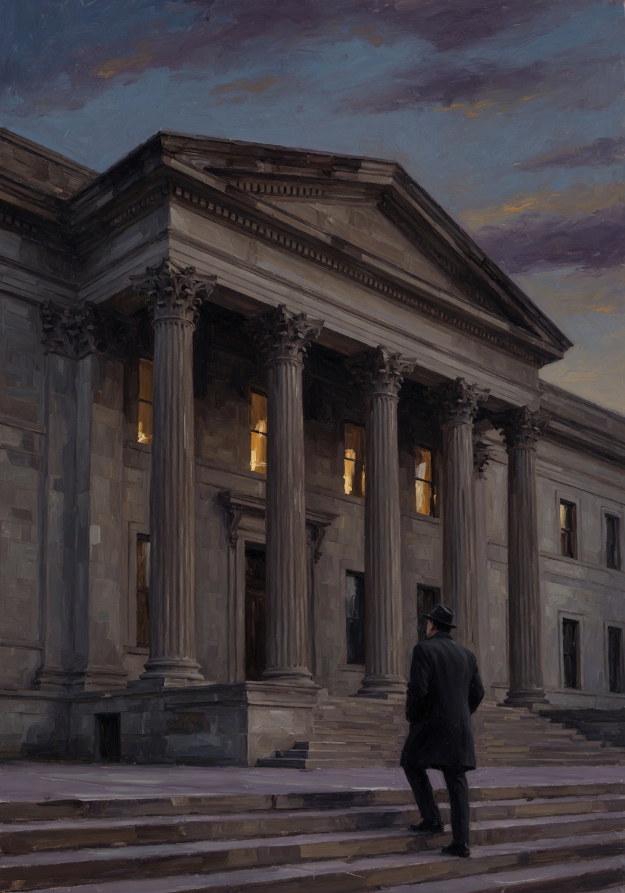 Painterly oil study of the Eccles Building at dusk: neoclassical limestone columns in deep shadow, a single figure in a dark overcoat ascending the steps, amber light in a few interior windows.