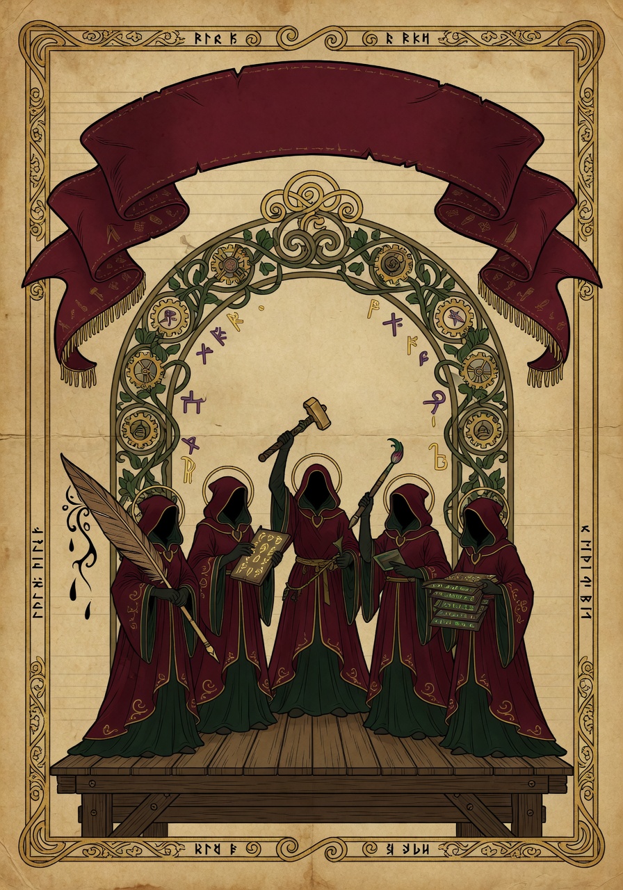 Art-nouveau editorial illustration of robed mage-workers standing on a wooden platform under a Mucha-style arch of vines, gears, and floating runes, each figure holding a tool of their craft — a quill, a stylus tablet, a hammer, a paintbrush, a stack of code-tablets — with a blank fabric banner unfurled above. Parchment background, ochre and oxblood reds, deep forest green, brushed brass accents, heavy linework, gold-leaf trim.