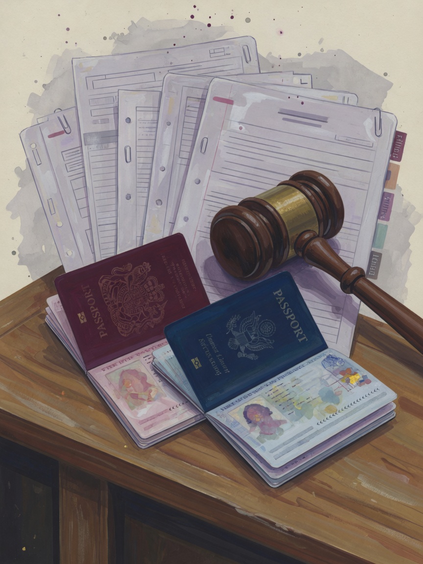 Two passports, one British and one American, on a wooden courtroom bench with a gavel and stacked legal papers in the background.