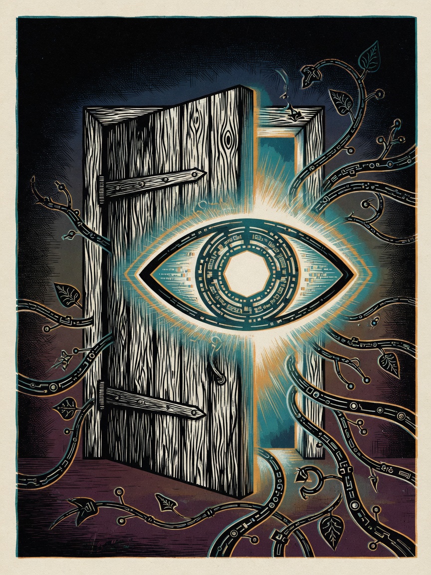 Abstract digital illustration of a partially closed door with a glowing eye visible through the opening, circuit patterns radiating outward