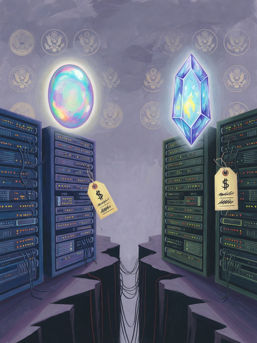 Two abstract server towers facing each other, one marked with an opal gemstone and one with a crystal, each bearing a price tag, with faint government seal imagery floating overhead.