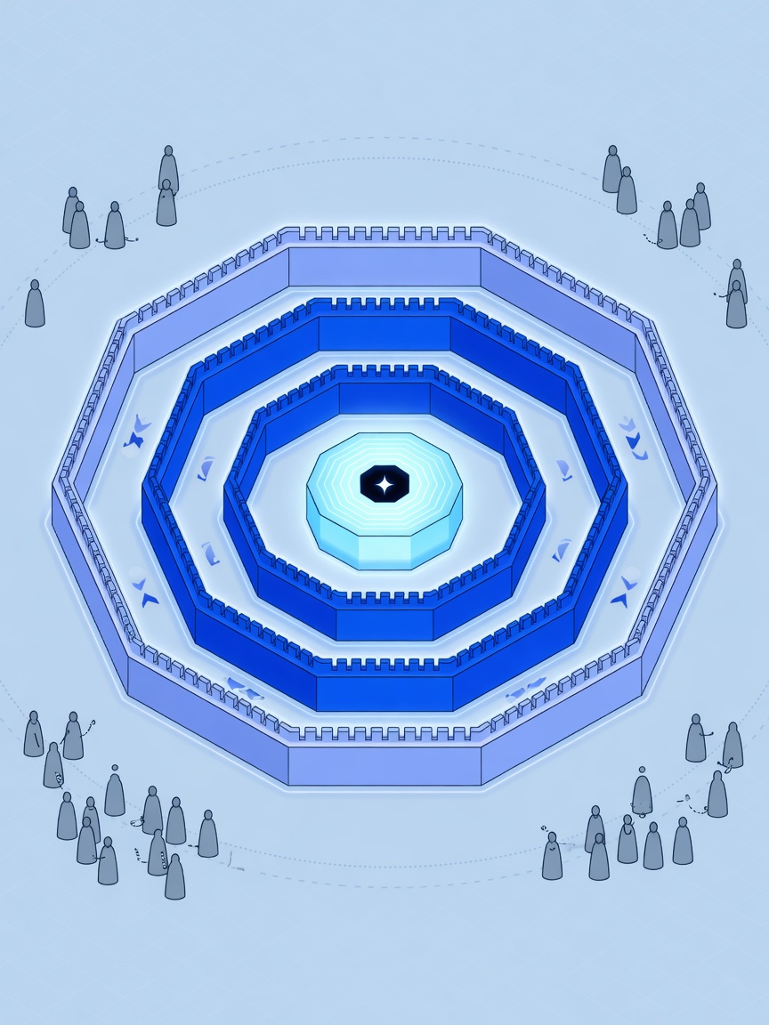 Abstract illustration of concentric walls protecting a central core, with distant figures locked out.