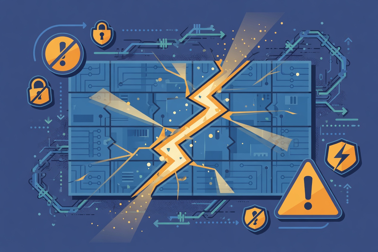 Abstract digital security barrier with a visible breach, circuit board patterns, and caution indicators.