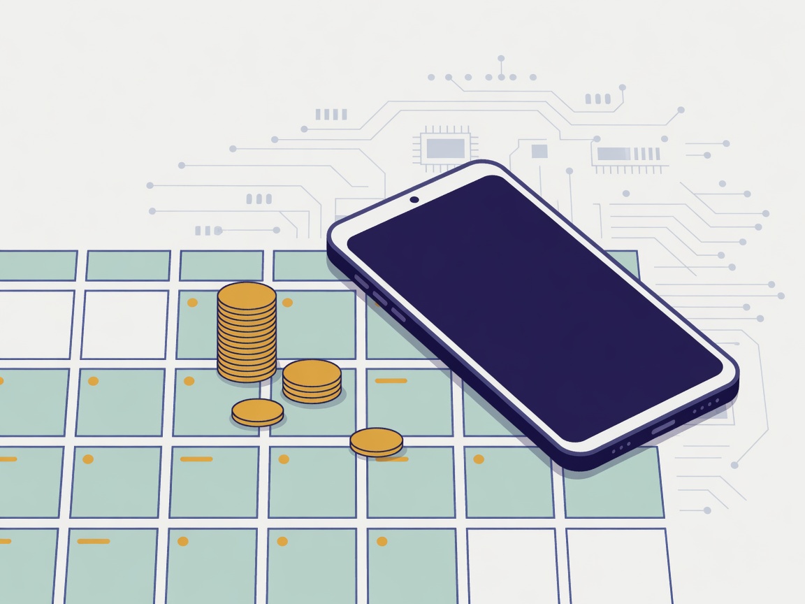 A smartphone on a calendar grid with coins and a faint circuit pattern behind it