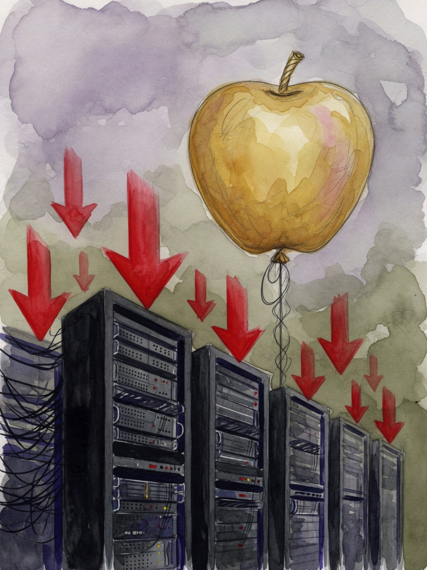 Illustration of a golden apple ascending above declining server racks with red arrows