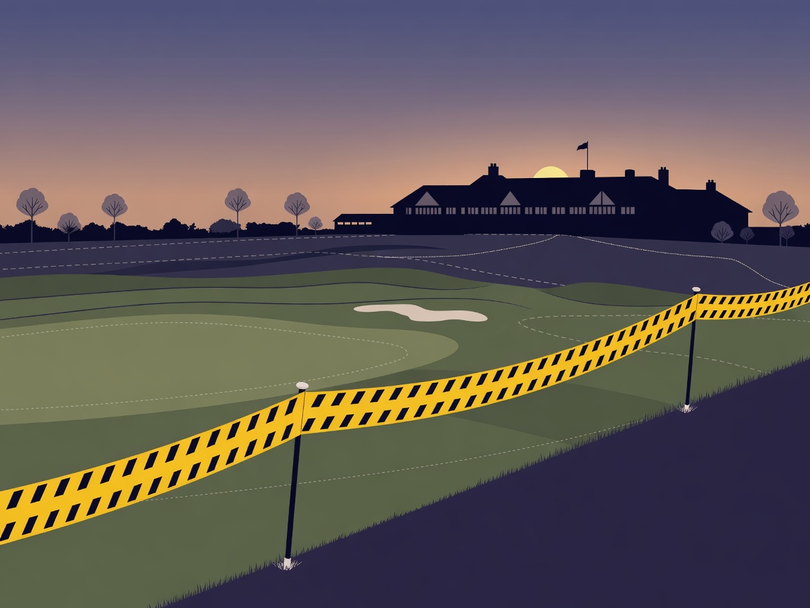 Illustration of a golf course security perimeter with caution tape at twilight.