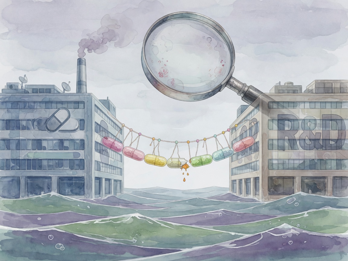 Illustration of two pharmaceutical company buildings connected by a bridge of capsules over an ocean, with a magnifying glass above.