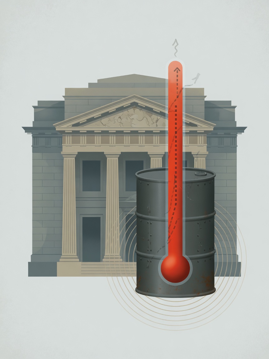 Illustration of a classical bank building with an oil barrel and rising thermometer symbolizing inflation pressure on interest rate decisions.