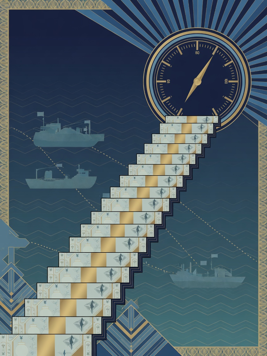 An illustrated staircase of yen banknotes climbing toward a gauge dial, with distant tanker ships along a horizon line.