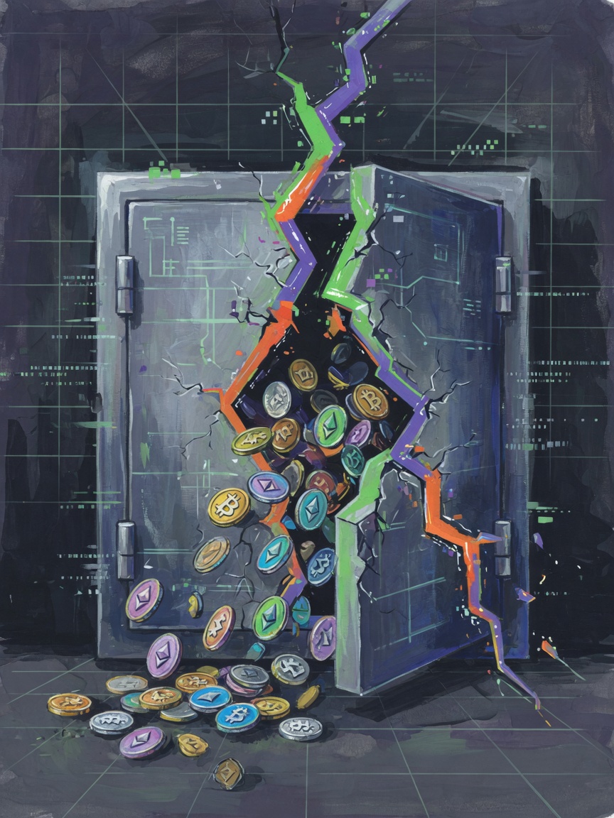 Digital vault with a cracked wall and cryptocurrency coins escaping through the gap.