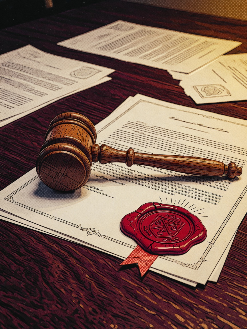 A wooden judge’s gavel placed on a sealed legal document on a desk, with out-of-focus papers behind it.