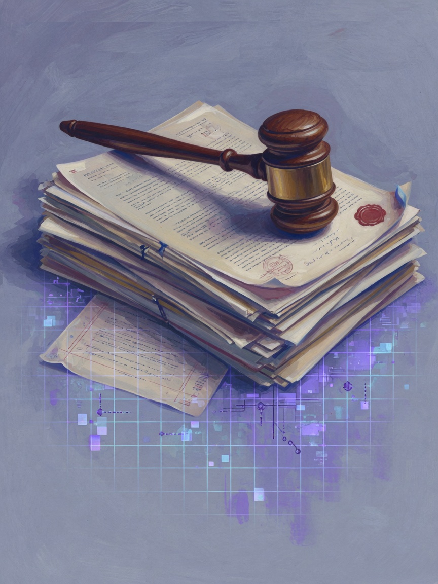 A wooden judge’s gavel on legal documents with a subtle digital grid overlay.