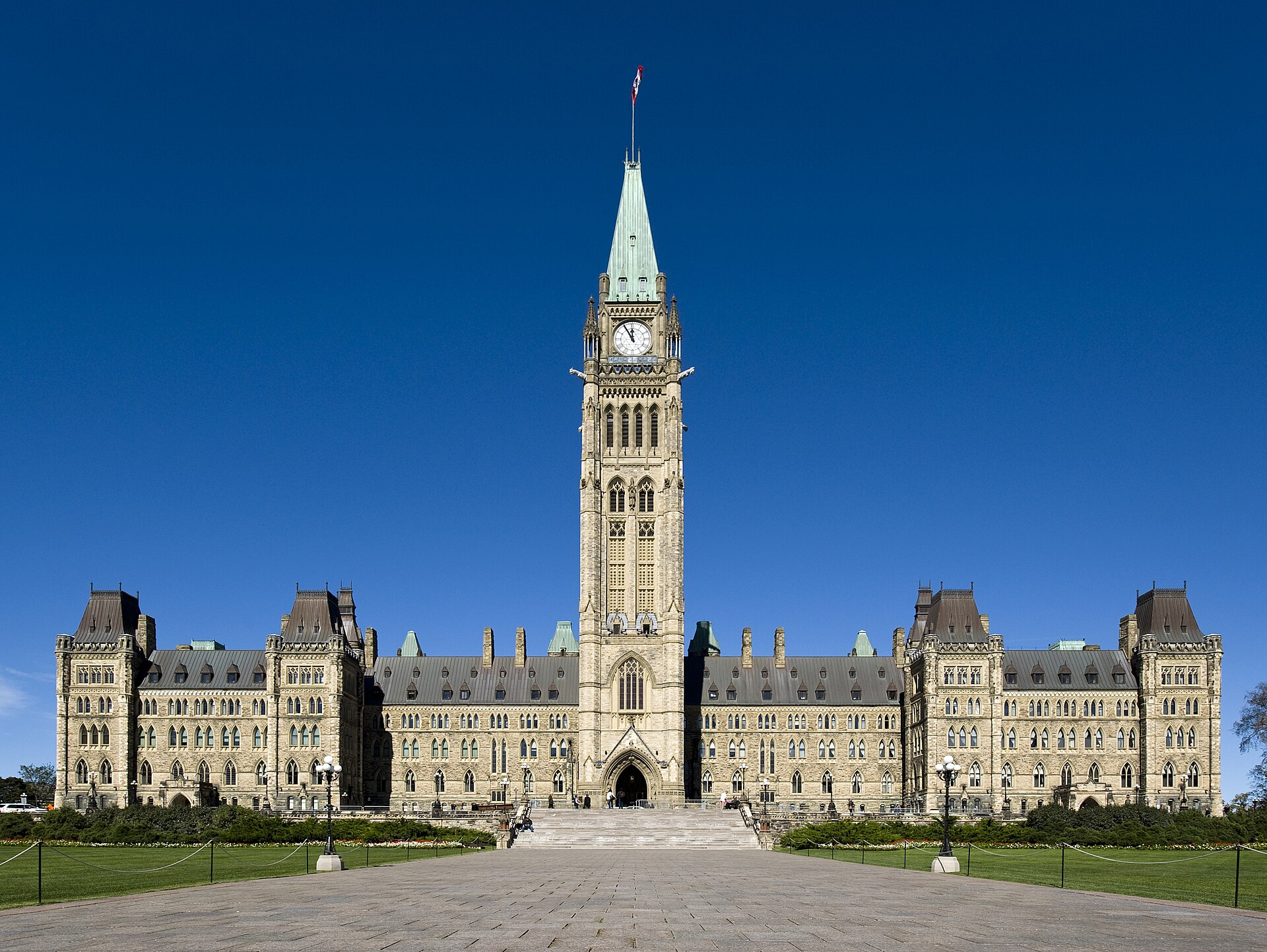 The Centre Block of the Canadian Parliament building, with the Peace Tower in front, Ottawa, Southern Ontario.
