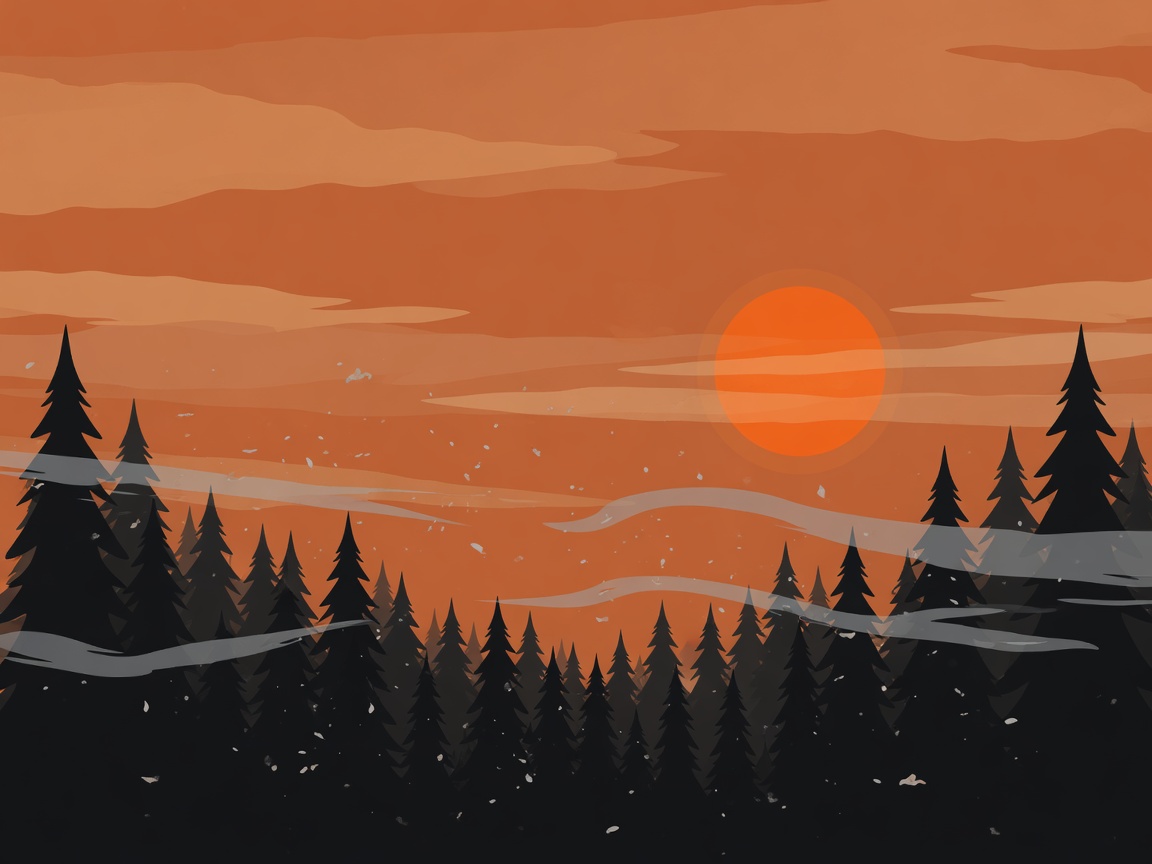An illustration of a forested landscape under an orange, smoke-filled sky with a dim sun visible through the haze.