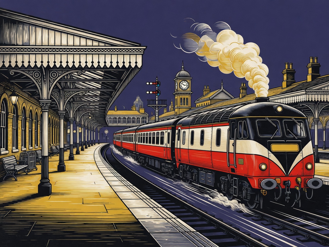 Illustration of a passenger train in new livery at a station platform