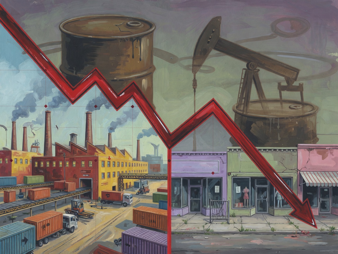 Illustration showing a divided economy with industrial growth on one side and declining consumer activity on the other, with a downward GDP trend line.