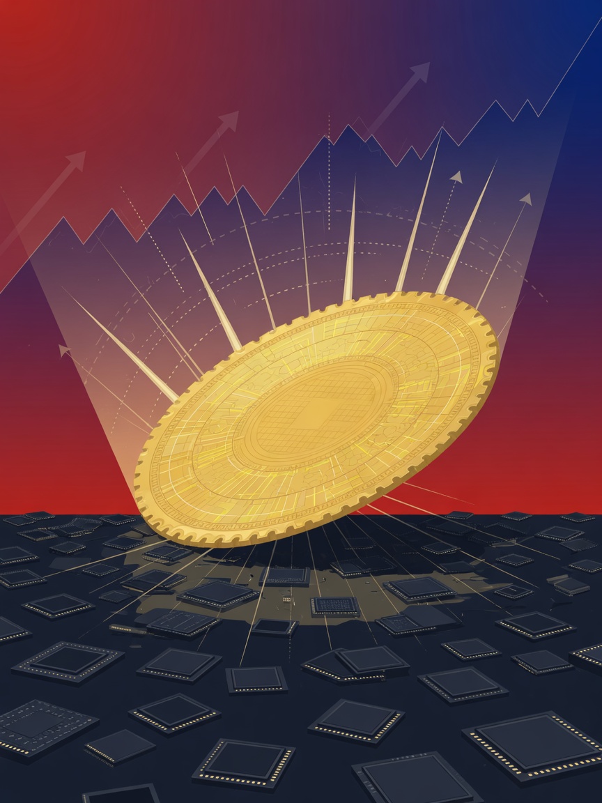 A glowing golden computer chip wafer rising above numerous smaller dark chips against a red and blue gradient backdrop