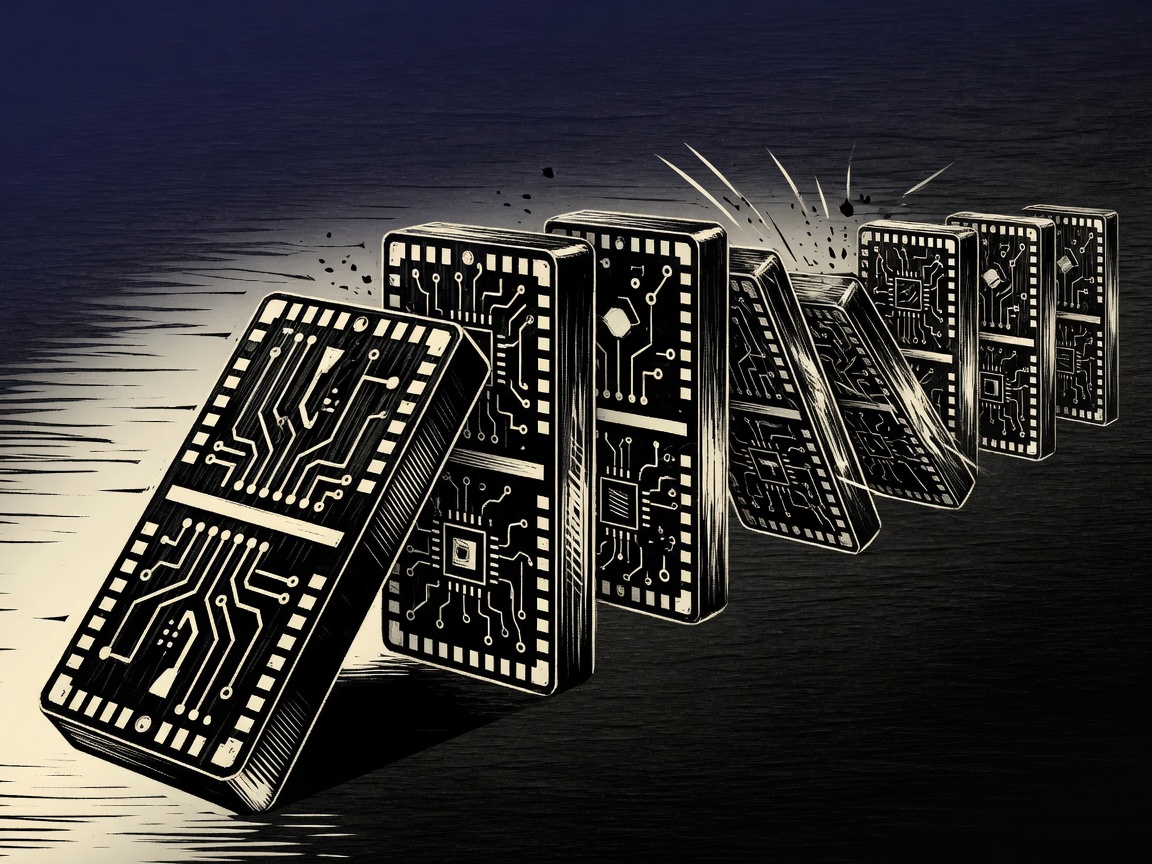 Abstract illustration of circuit-patterned dominoes falling in sequence against a dark background.