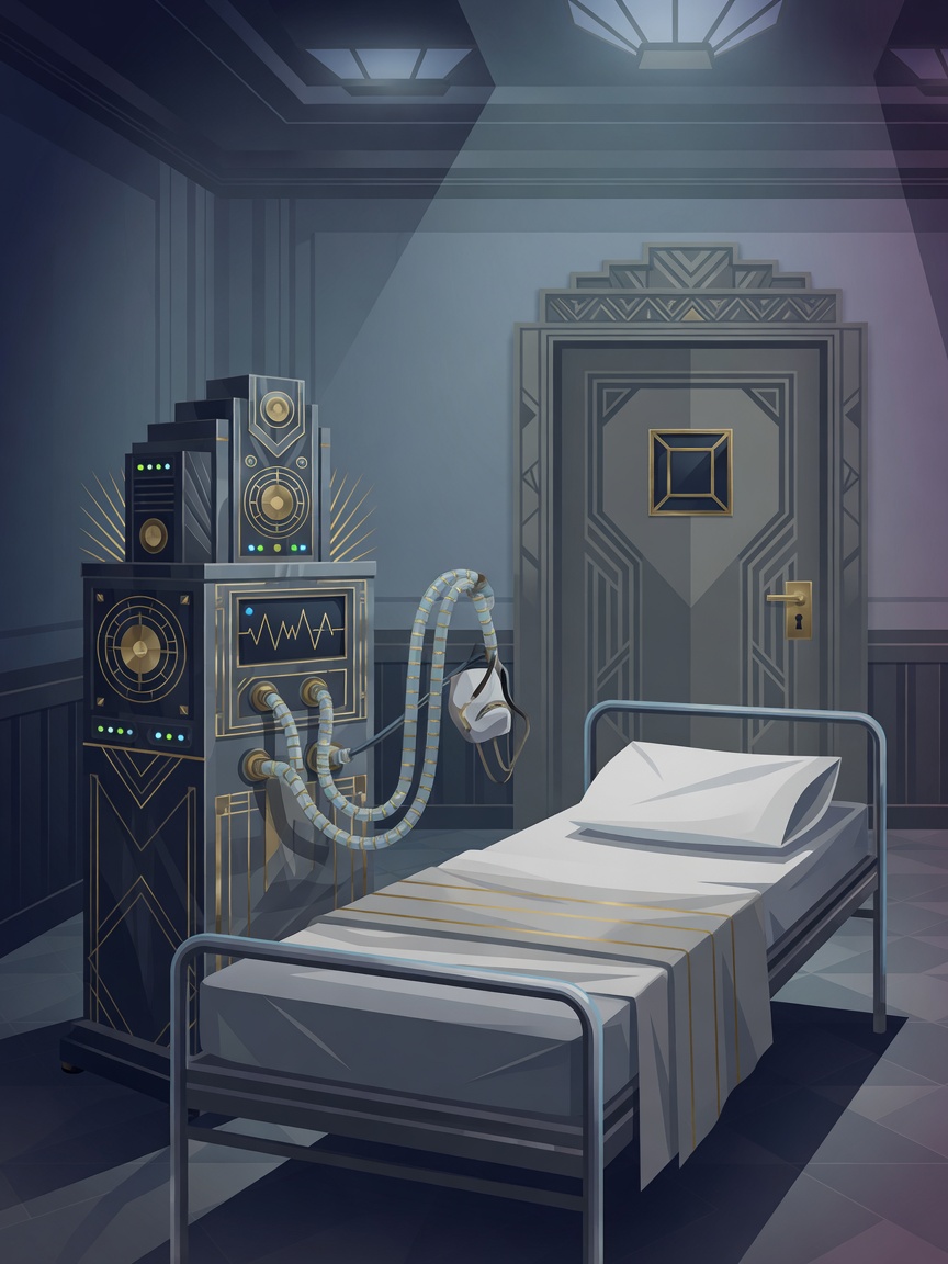 A ventilator in a dim hospital room, suggesting intensive care.