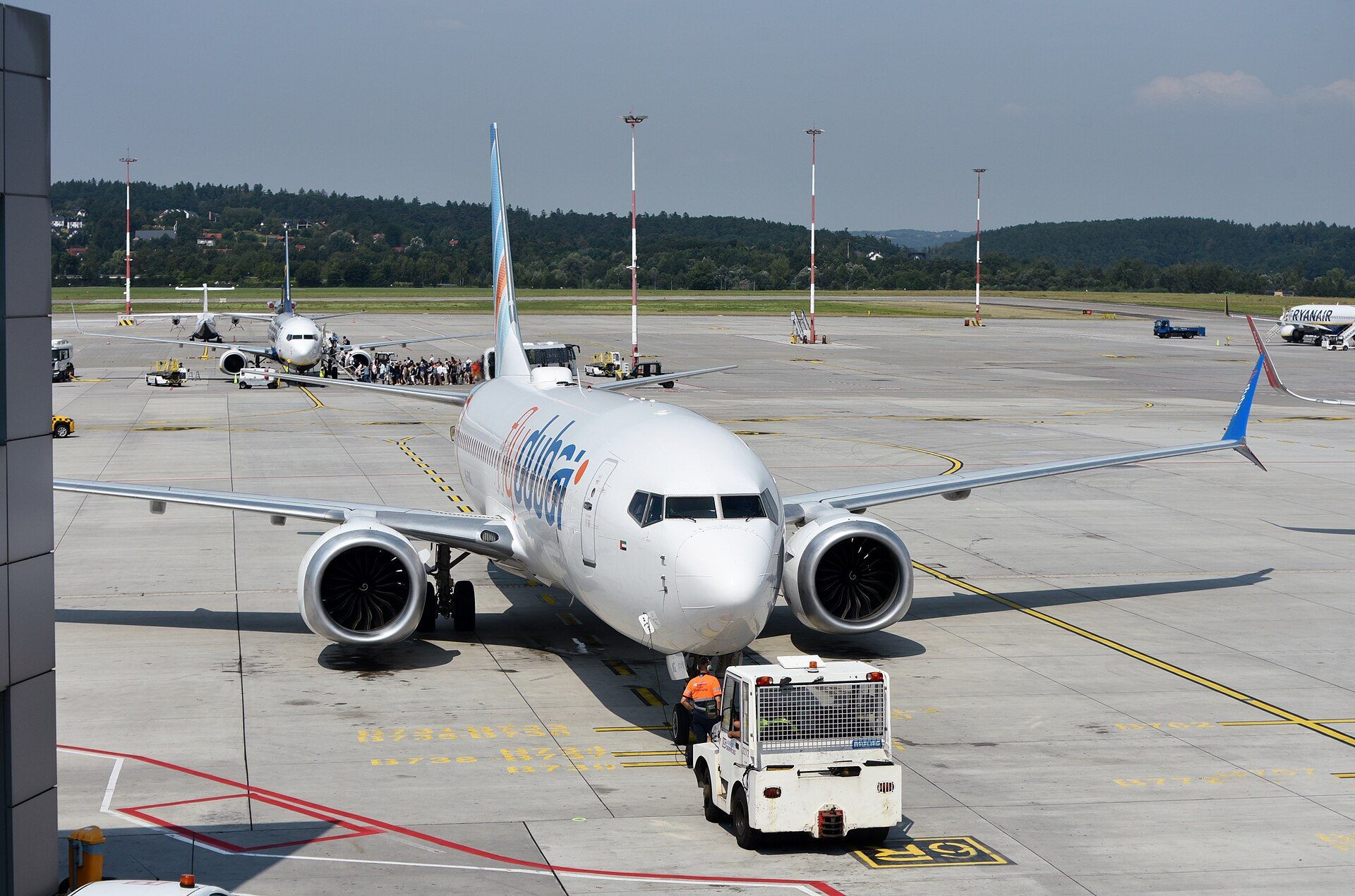 A Flydubai Boeing 737-8 MAX aircraft at Kraków John Paul II International Airport.