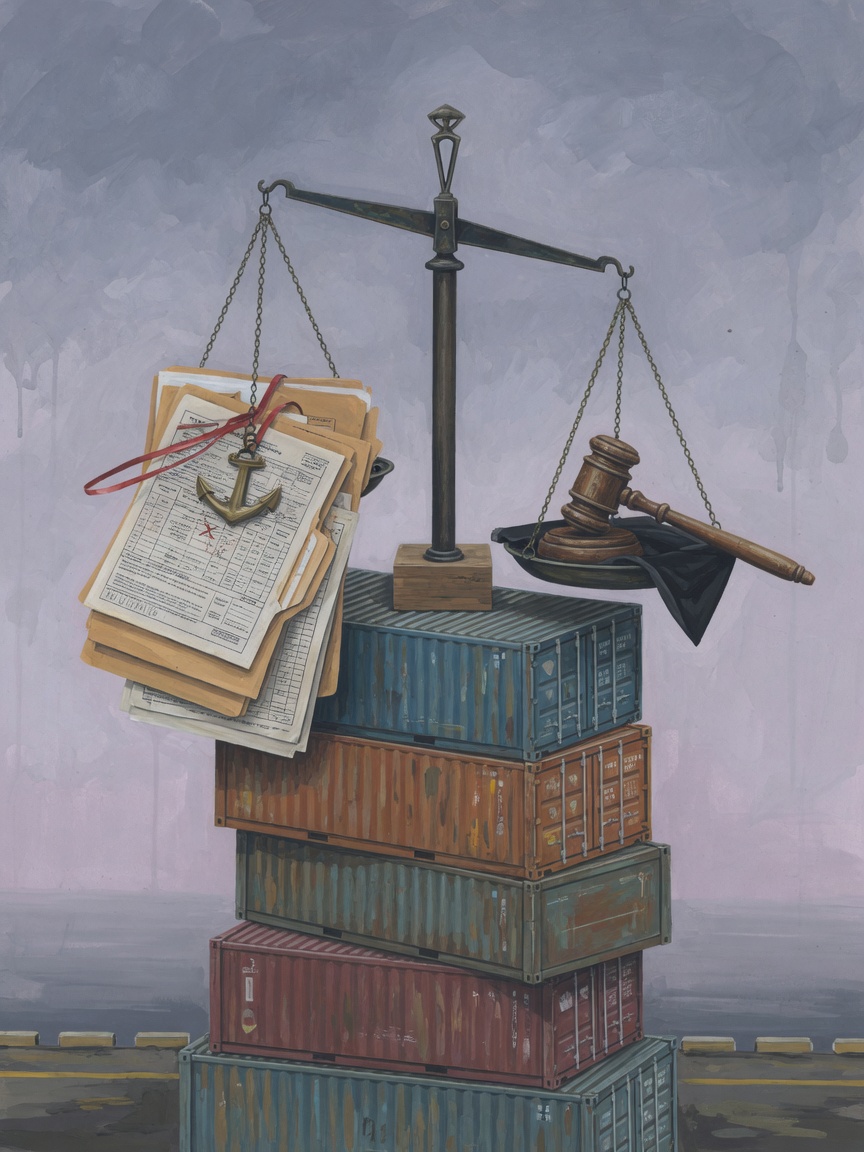 An editorial illustration showing scales of justice balanced on shipping containers, with tariff papers on one side and a gavel on the other.