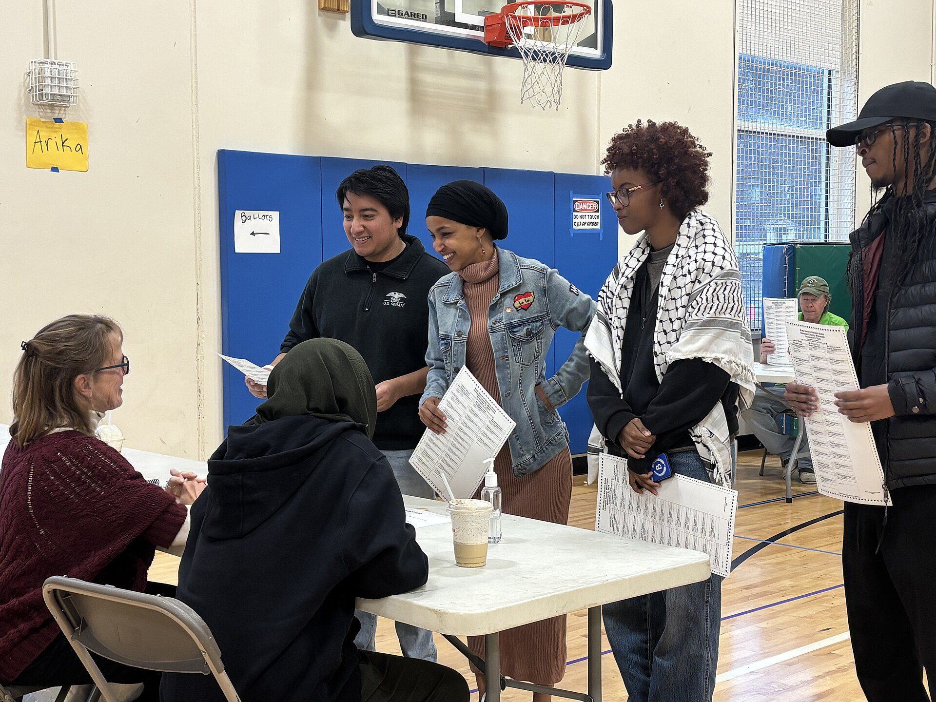 Ilhan Omar votes at her polling place on election day in Minneapolis