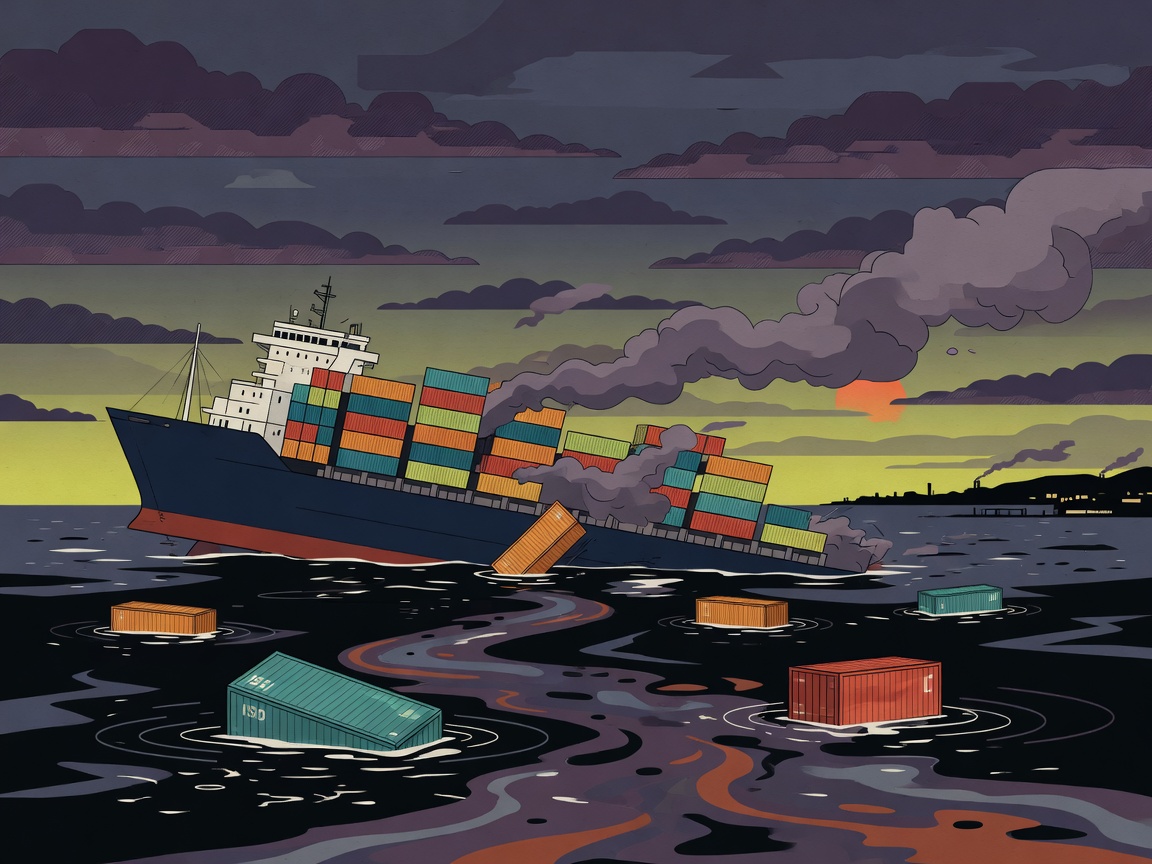 Illustration of a sinking container ship with floating containers in a narrow strait at dusk.