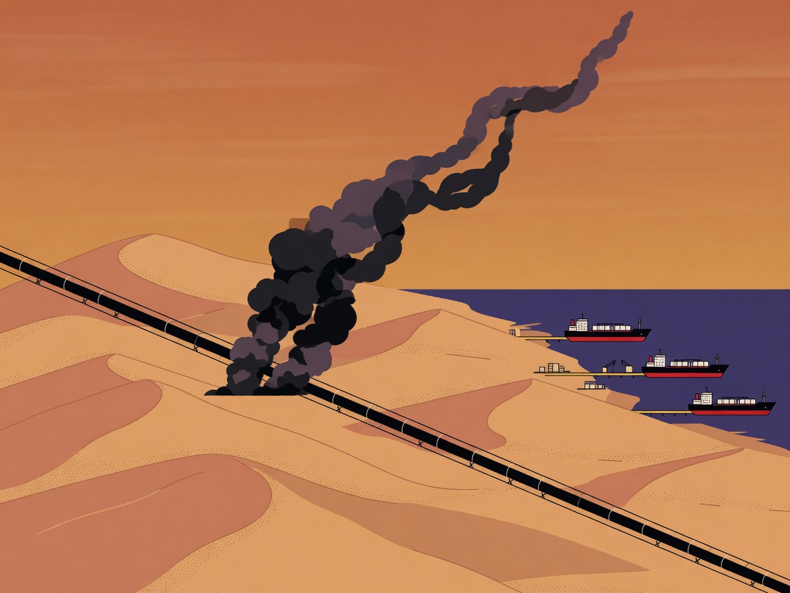 Illustration of a pipeline across a desert with smoke rising from two points and tankers near a coastal port under an amber sky