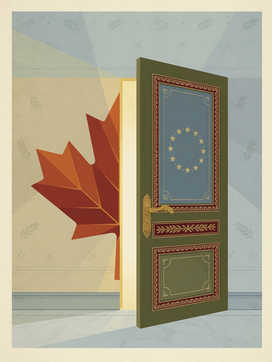 An ornate door ajar, with a maple leaf and a ring of twelve stars visible on either side, light streaming through the opening.