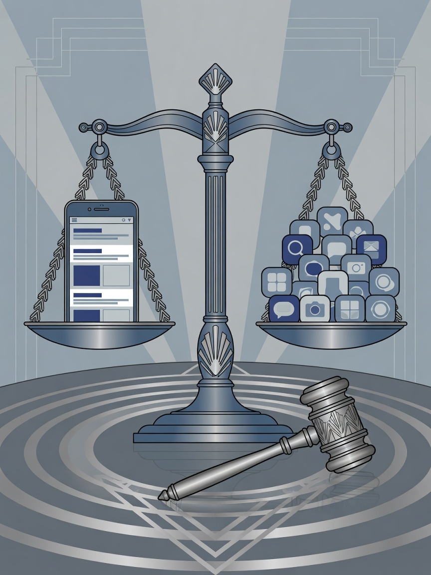 Balanced scales weighing a smartphone against smaller app icons, with a gavel nearby, in muted blue and grey editorial illustration style.