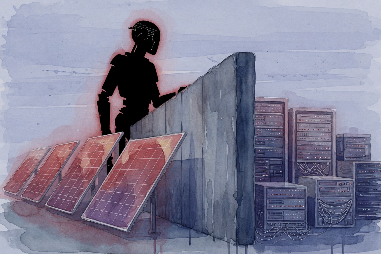 A stylized humanoid robot stands behind a dividing wall, with solar panels on one side and server racks on the other, suggesting a technology blockade