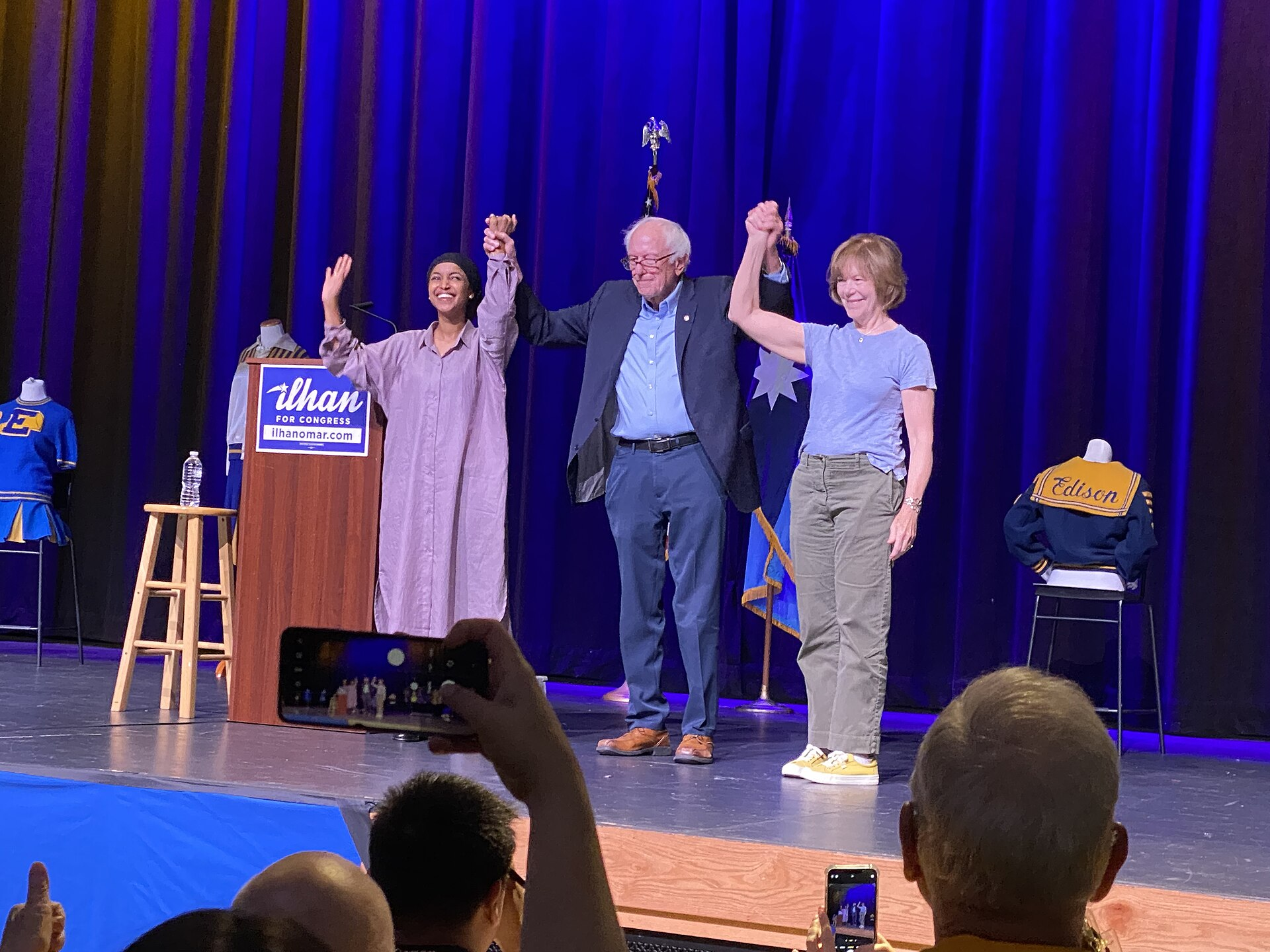 Ilhan Omar at a rally with Bernie Sanders and Tina Smith at Edison High School, Minneapolis