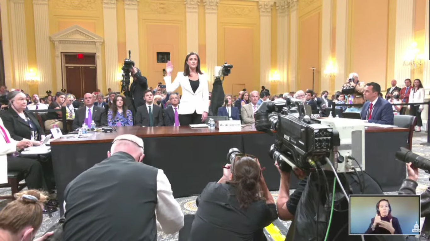 Cassidy Hutchinson swearing to tell the truth before the United States House Select Committee on the January 6 Attack
