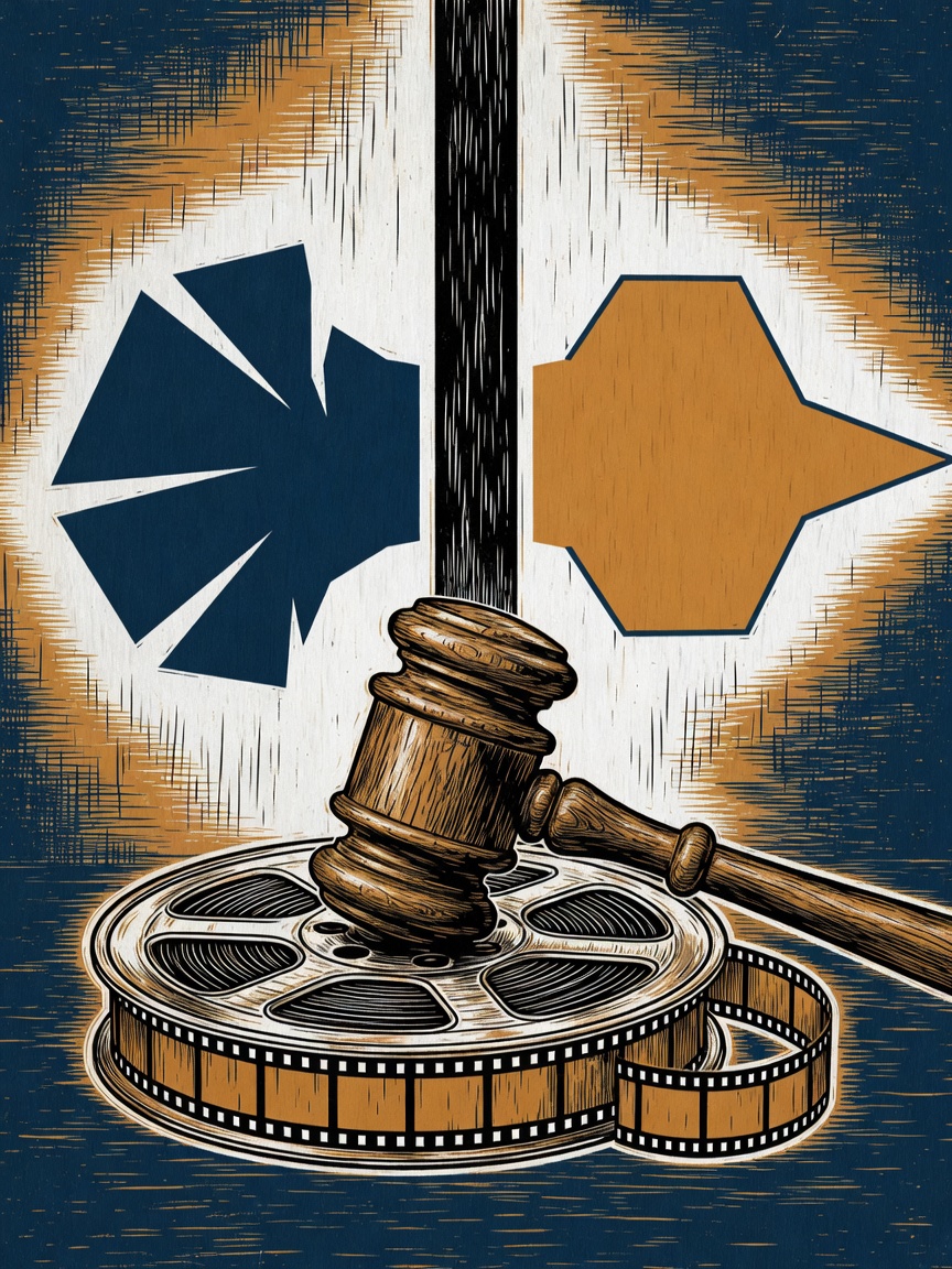 A judge’s gavel lying on a film reel, with two abstract shapes separated by a dividing line, symbolizing a blocked media merger.