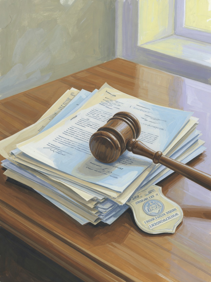 A judge’s gavel resting on legal filings with a White House press credential partially visible underneath