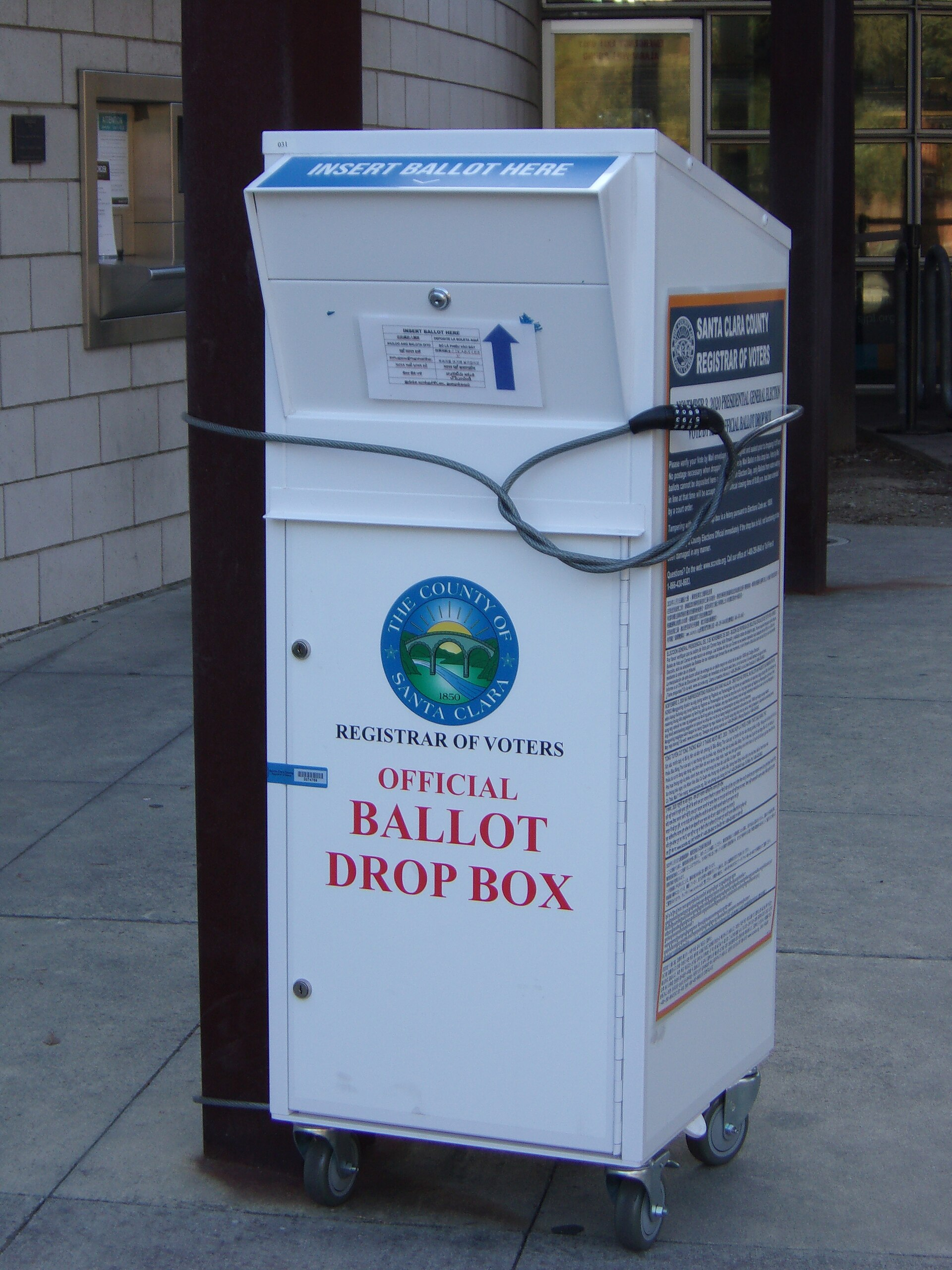 Santa Clara County Registrar of Voters official ballot drop box in front of West Valley Library, San Jose, California
