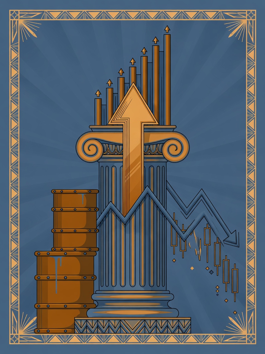 Abstract illustration of a central bank column with rising rate bars, oil barrels, and declining stock lines in muted tones