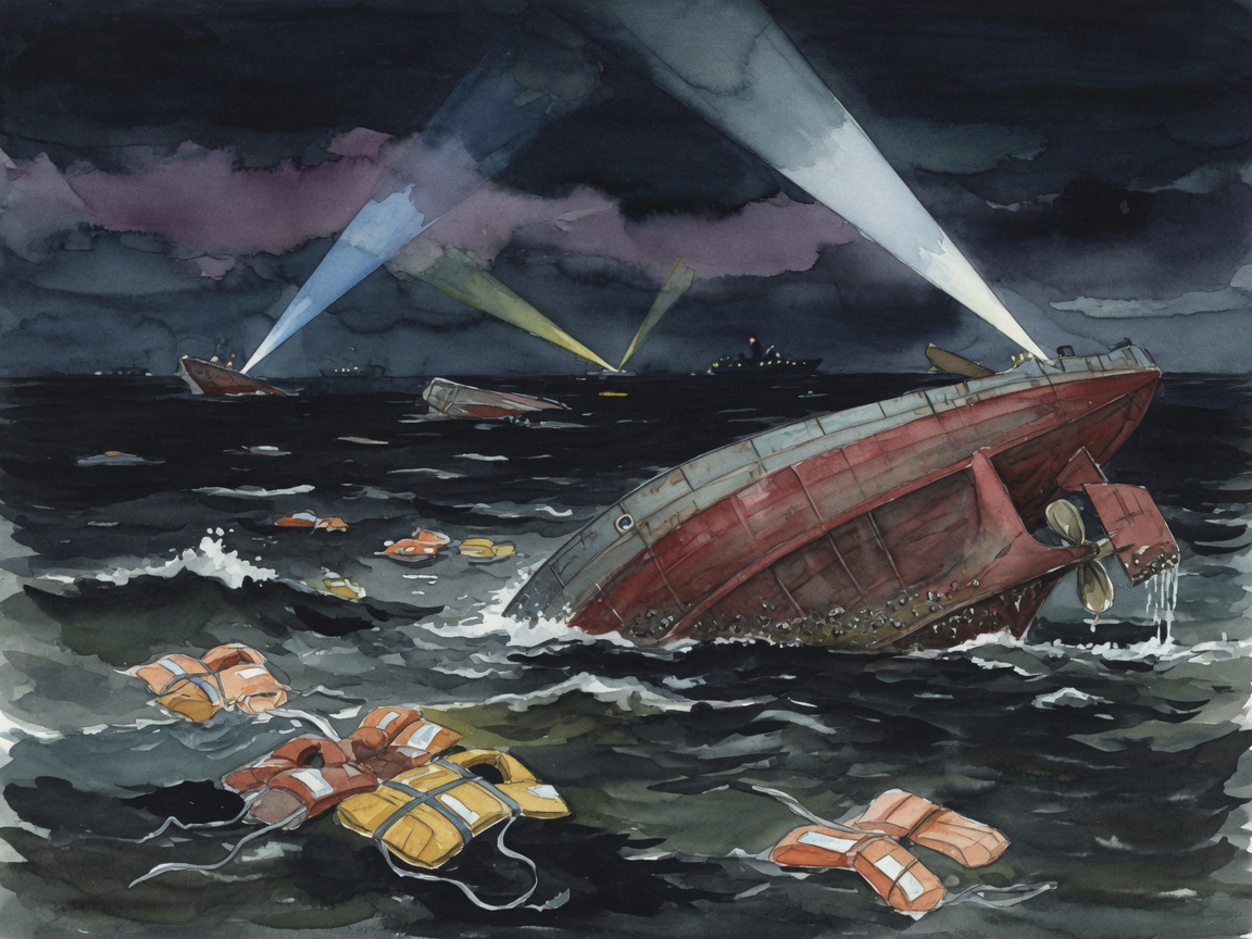 Illustration of a nighttime maritime rescue scene with an overturned vessel and searchlights over dark water.