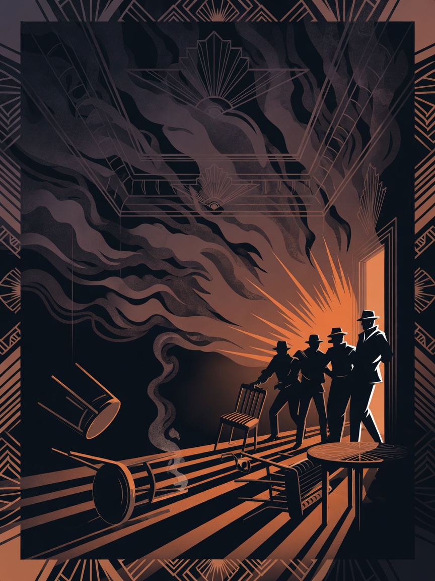 Illustration of a dark, smoke-filled room with a faint orange glow and silhouetted furniture near a doorway.