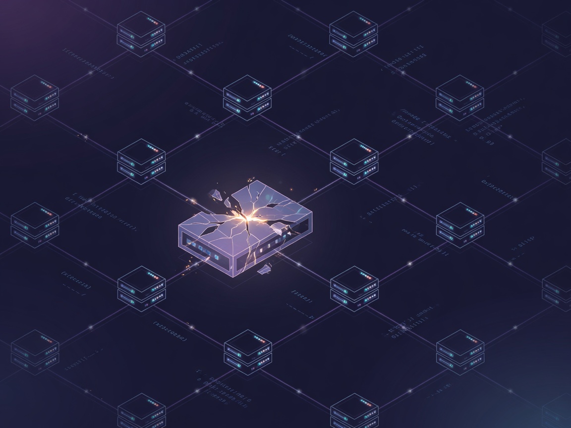 A network of connected server nodes with one node appearing cracked and unstable.