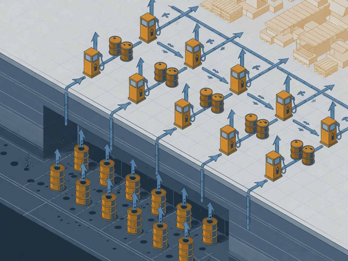 Illustration of oil barrels and fuel pumps in a coordinated arrangement suggesting emergency reserve release
