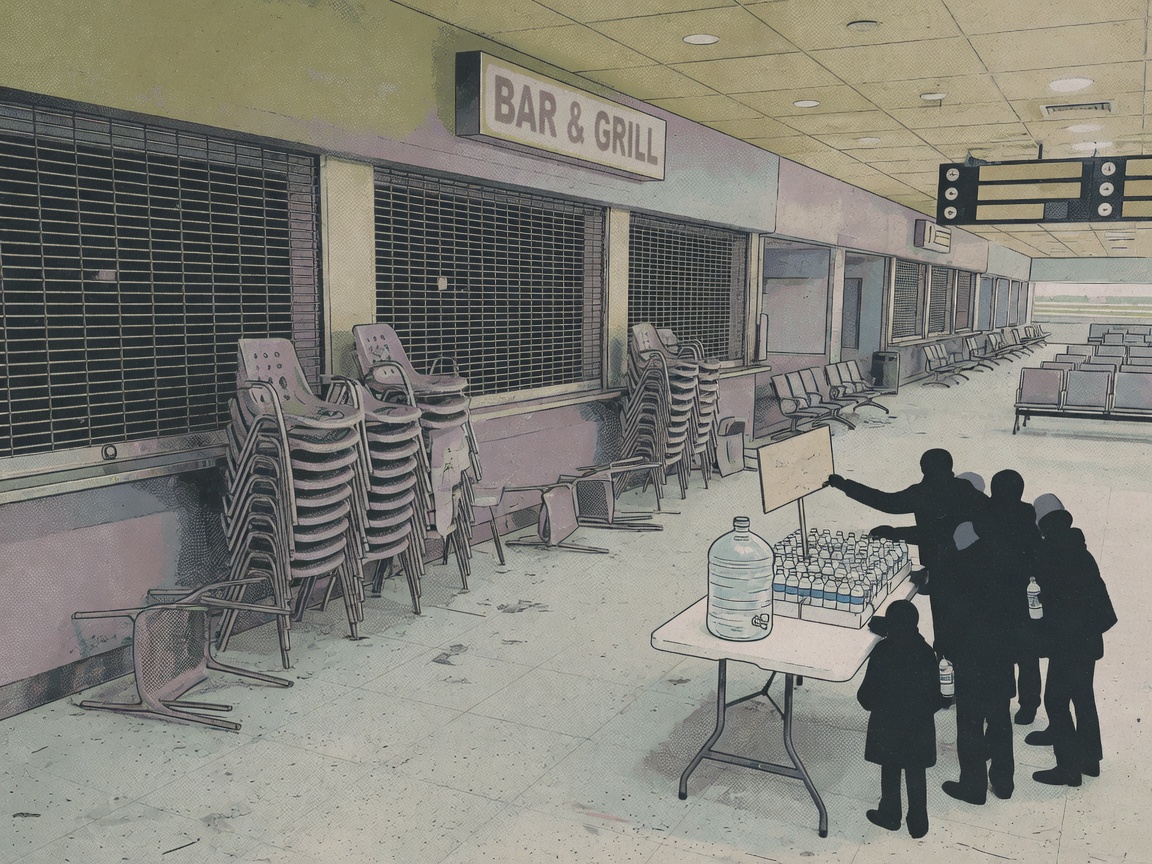 Illustration of an airport terminal with shuttered restaurants and a bottled water distribution point