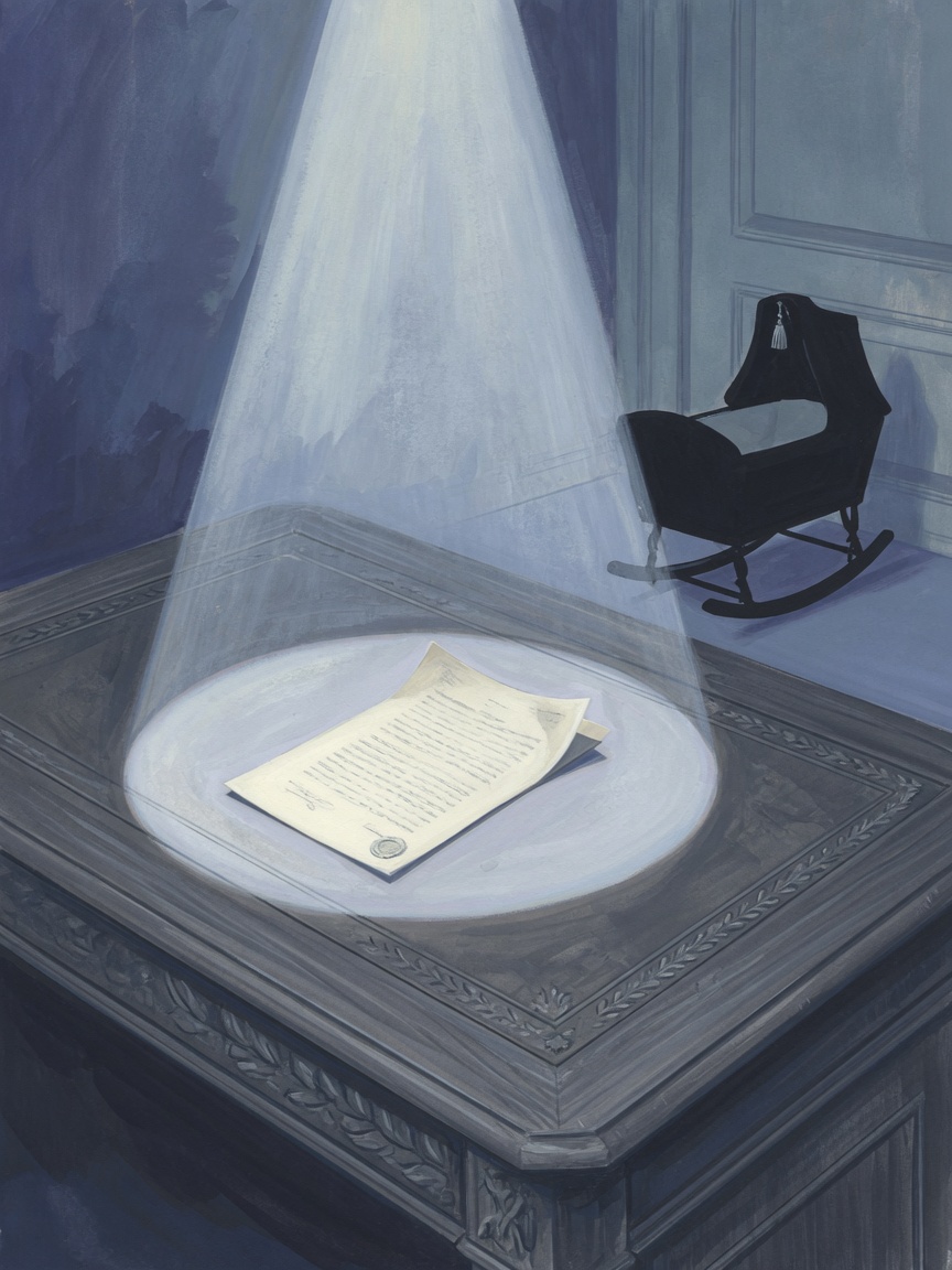An empty desk in a legislative chamber lit by a single overhead light, with a resignation letter and the faint outline of a baby cradle behind it.