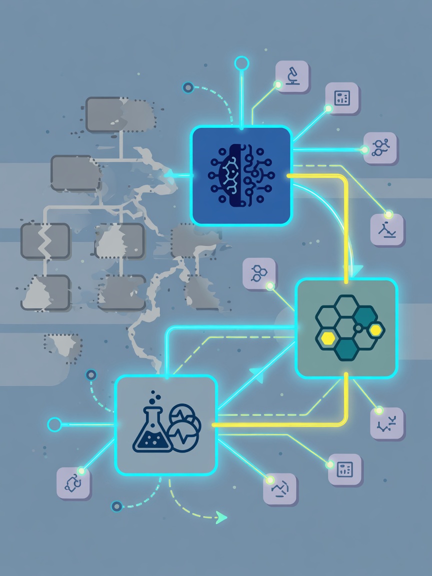 An abstract organizational chart showing restructuring with AI and science icons connected by glowing lines.