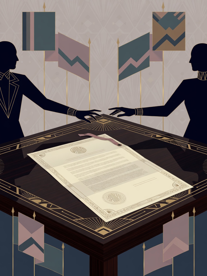 An illustration of a peace document on a table with abstract flag shapes and silhouetted figures reaching toward each other.