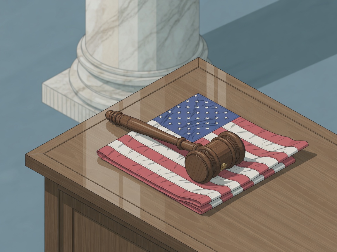 A wooden gavel and folded American flag on a desk with a blurred marble column behind them.