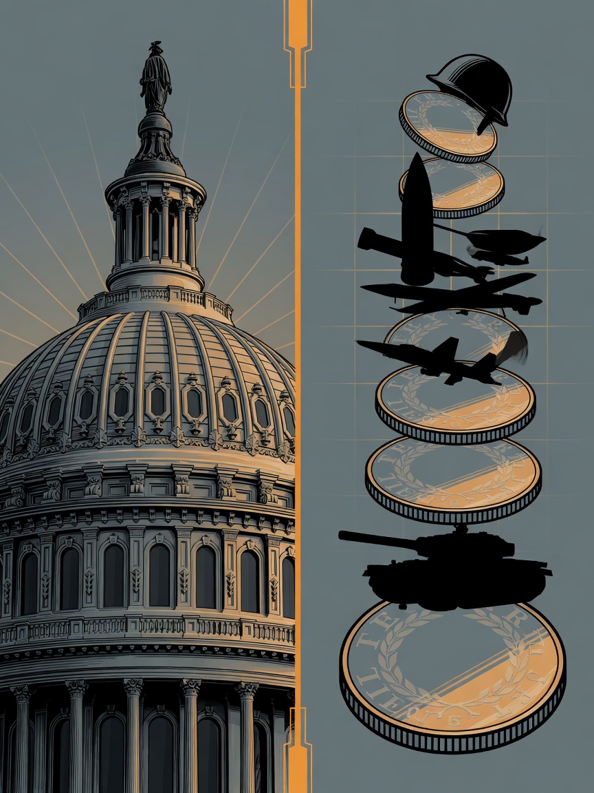 Editorial illustration contrasting a legislative dome with military funding symbols, divided down the middle.