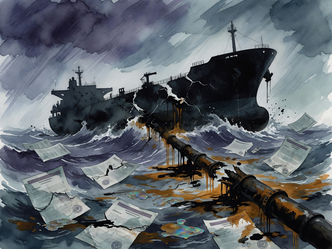 An illustration of a shadowy oil tanker fragmenting beside torn legislative papers and a cracked pipeline.
