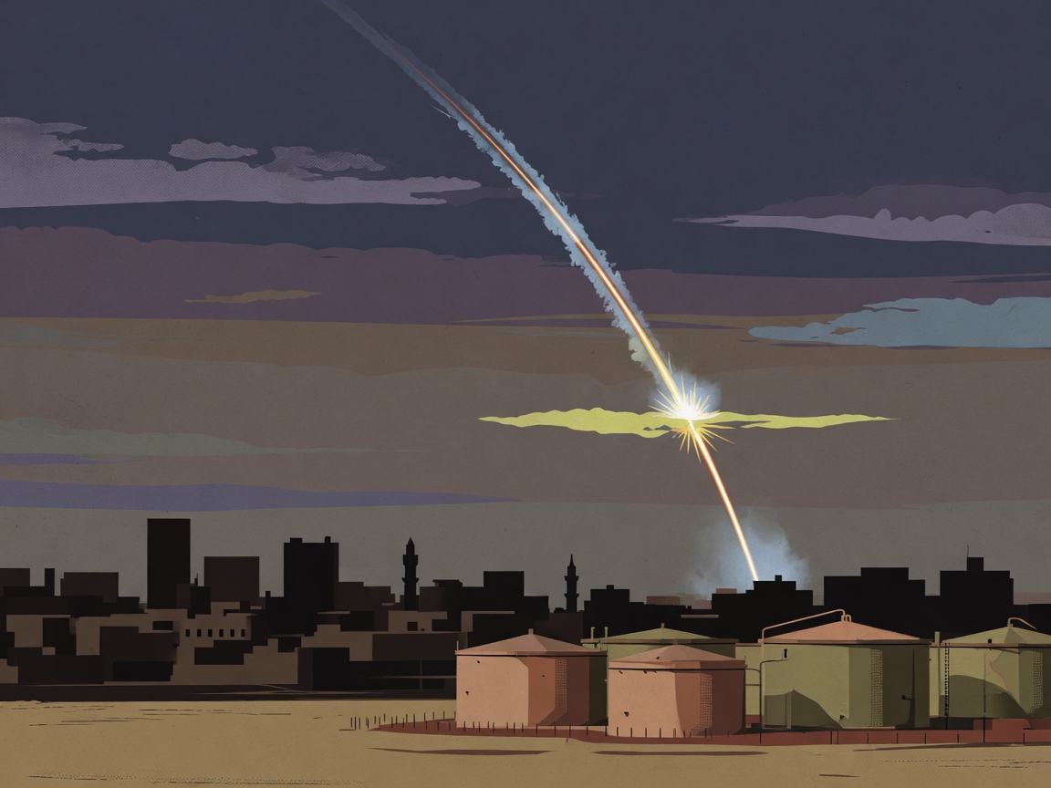 Illustration of a missile interception over a desert city at dawn, with smoke rising from fuel tanks near an airport