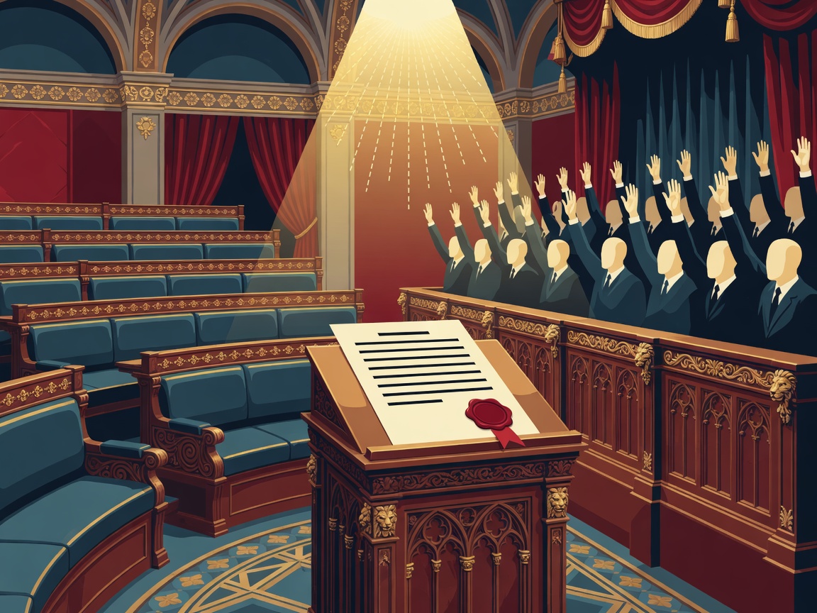 Illustration of a divided parliamentary chamber with one side empty and the other voting, a constitutional document on the central podium.